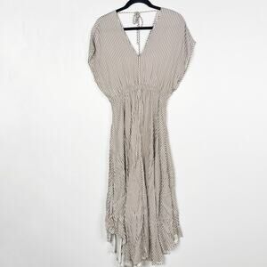 Hale Bob XSmall XS Gadi Twill Striped Midi Dress Taupe White Slit Front Tie Back